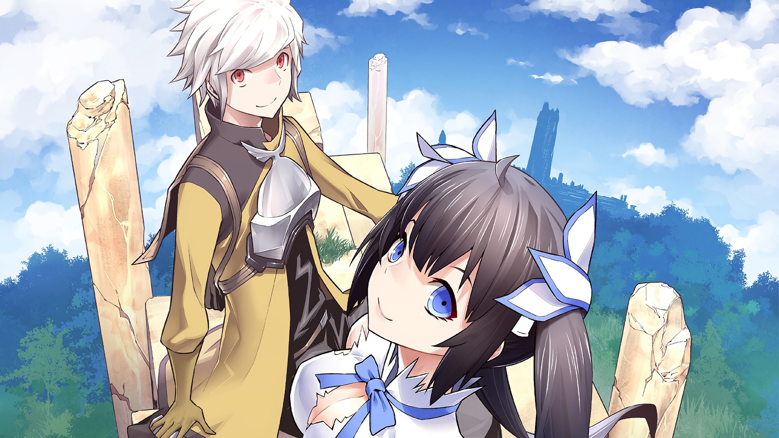 Anime characters standing in front of a blue sky with clouds (bell cranel, hestia, danmachi, anime, is it wrong that i want to meet you in a dungeon)