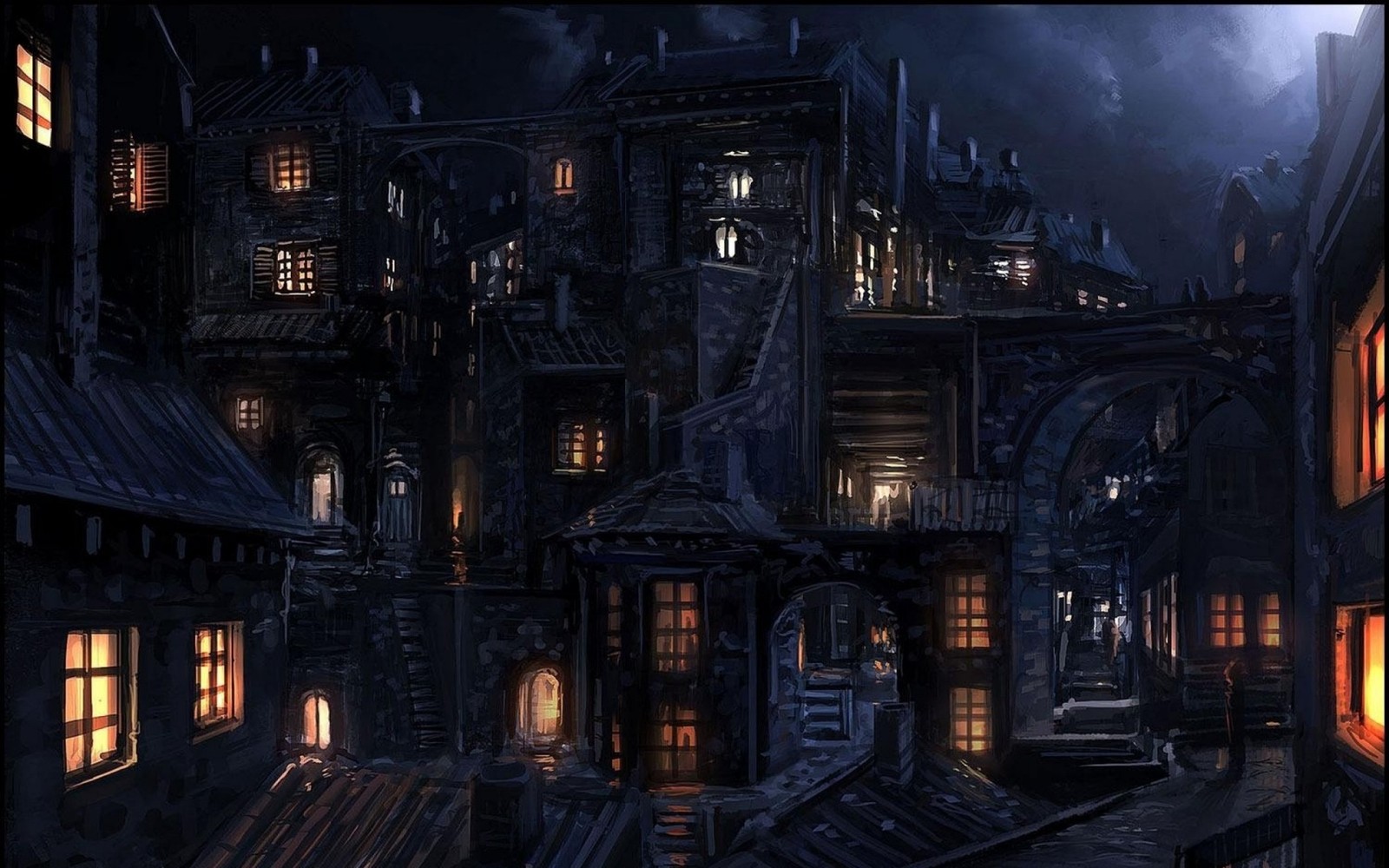 Nighttime scene of a dark city with a lot of windows (fantasy, art, digital art, fantastic art, darkness)