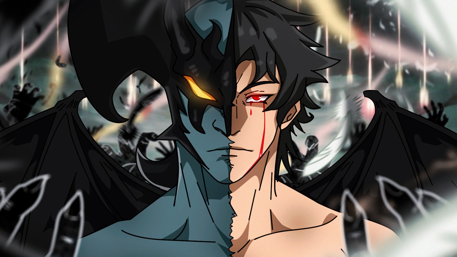 A close up of a person with a bloody face and a demon face (akira fudo, devilman crybaby, 5k, anime, 4k wallpaper)