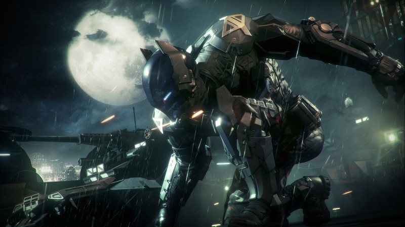 Бэтмен стоит под дождем с полной луной позади него (аркхэм найт, arkham knight, бэтмен аркхем найт, batman arkham knight, batman)