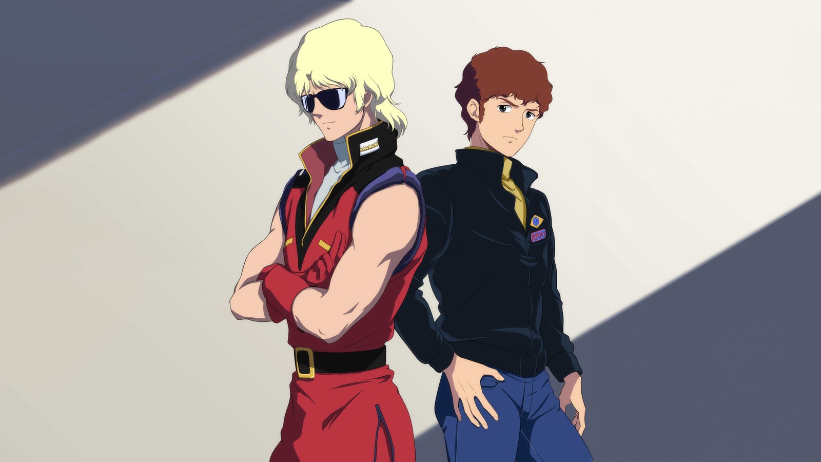 Deux personnages d'anime se tiennent côte à côte devant un mur (char aznable, amuro ray, mobile suit gundam, 5k, 8k)