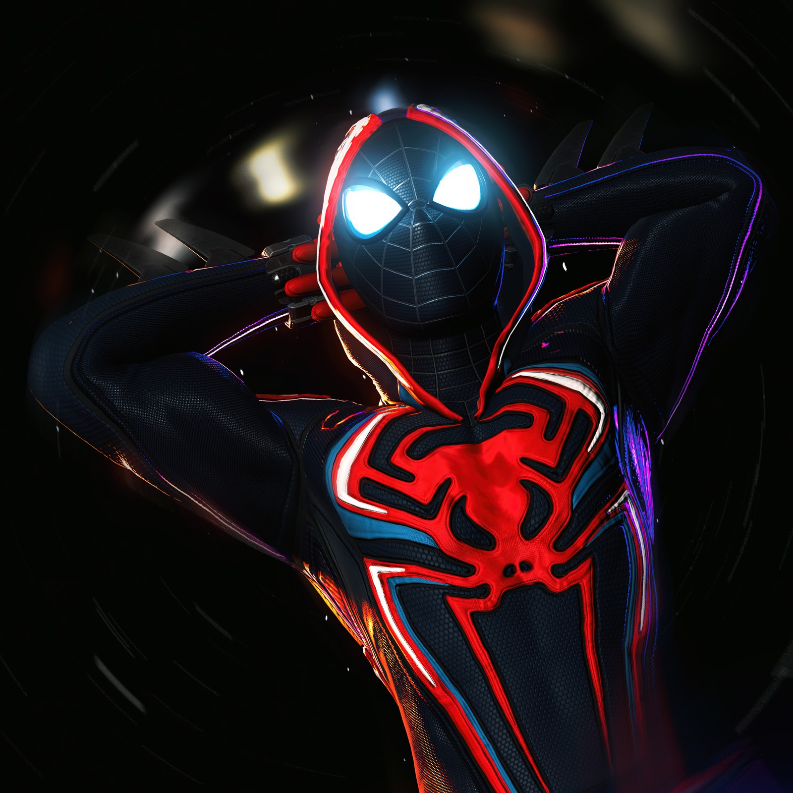 Spider-man dans un costume noir avec des lumières rouges et bleues (marvels spider man miles morales, arrière plan sombre, spiderman, jeux, fond décran 4k)