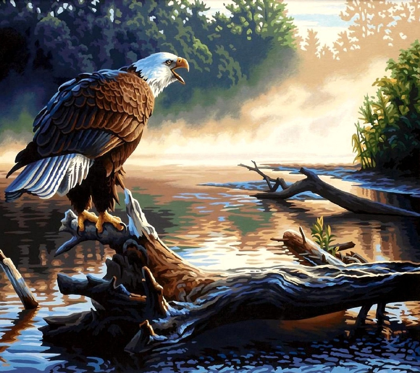 Painting of a bald eagle perched on a tree branch in a river (eagle)