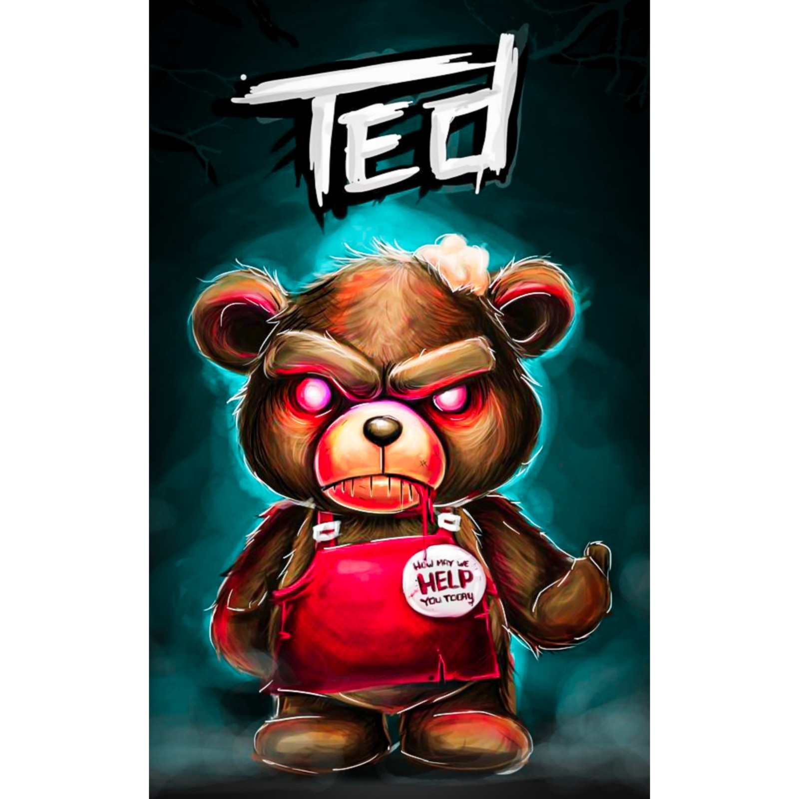 A painting of a teddy bear with a red shirt and a red bag (another, happy halloween, scary, stuff)