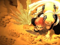 Gaara from Naruto unleashing his sand powers in a dynamic battle stance.