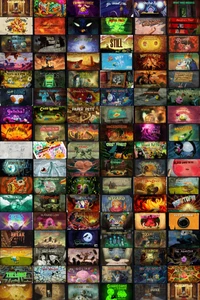 Un collage vibrant de titres d'épisodes de Adventure Time, mettant en valeur les diverses aventures de Finn et Jake à travers divers décors imaginatifs.