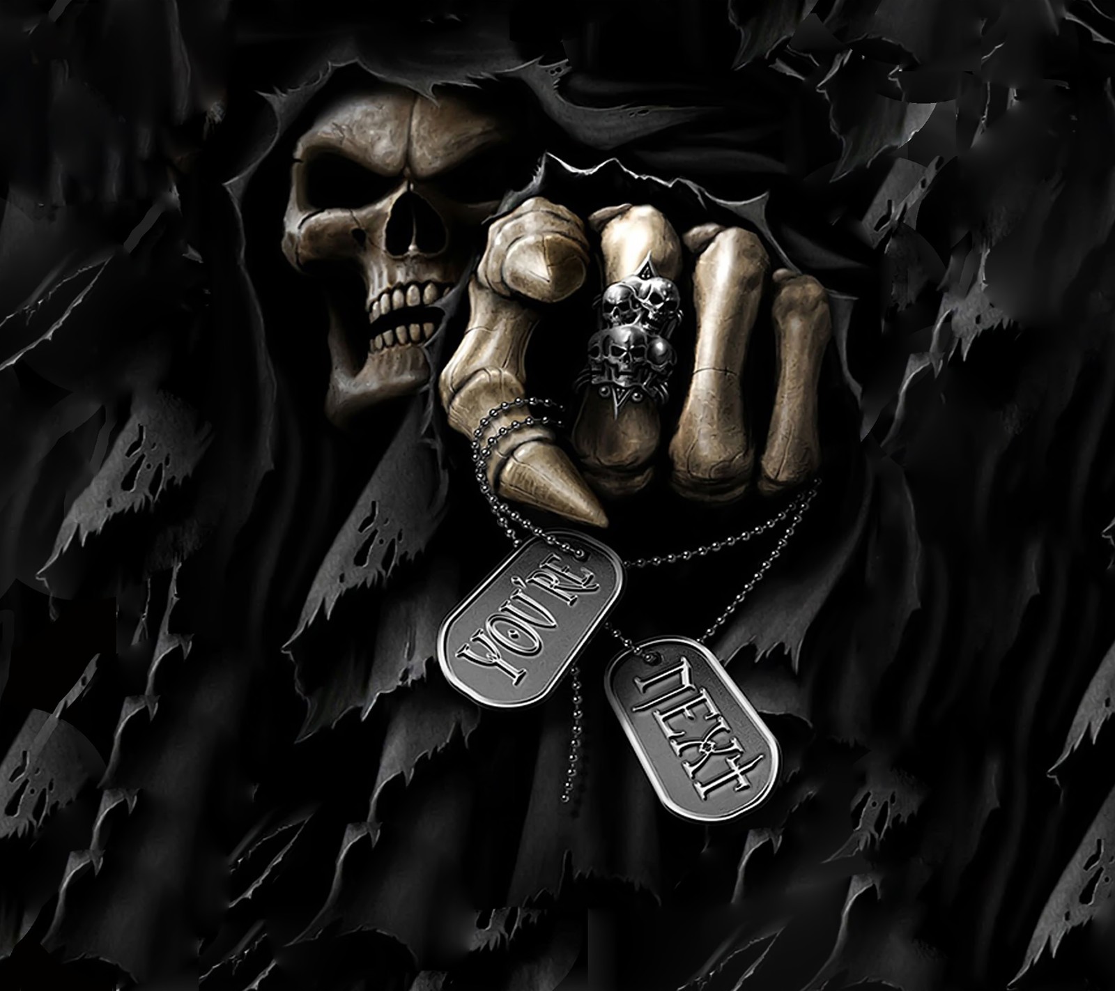 A close up of a person holding a dog tag with a skull on it (creepy, dark, grim, reaper, scary)