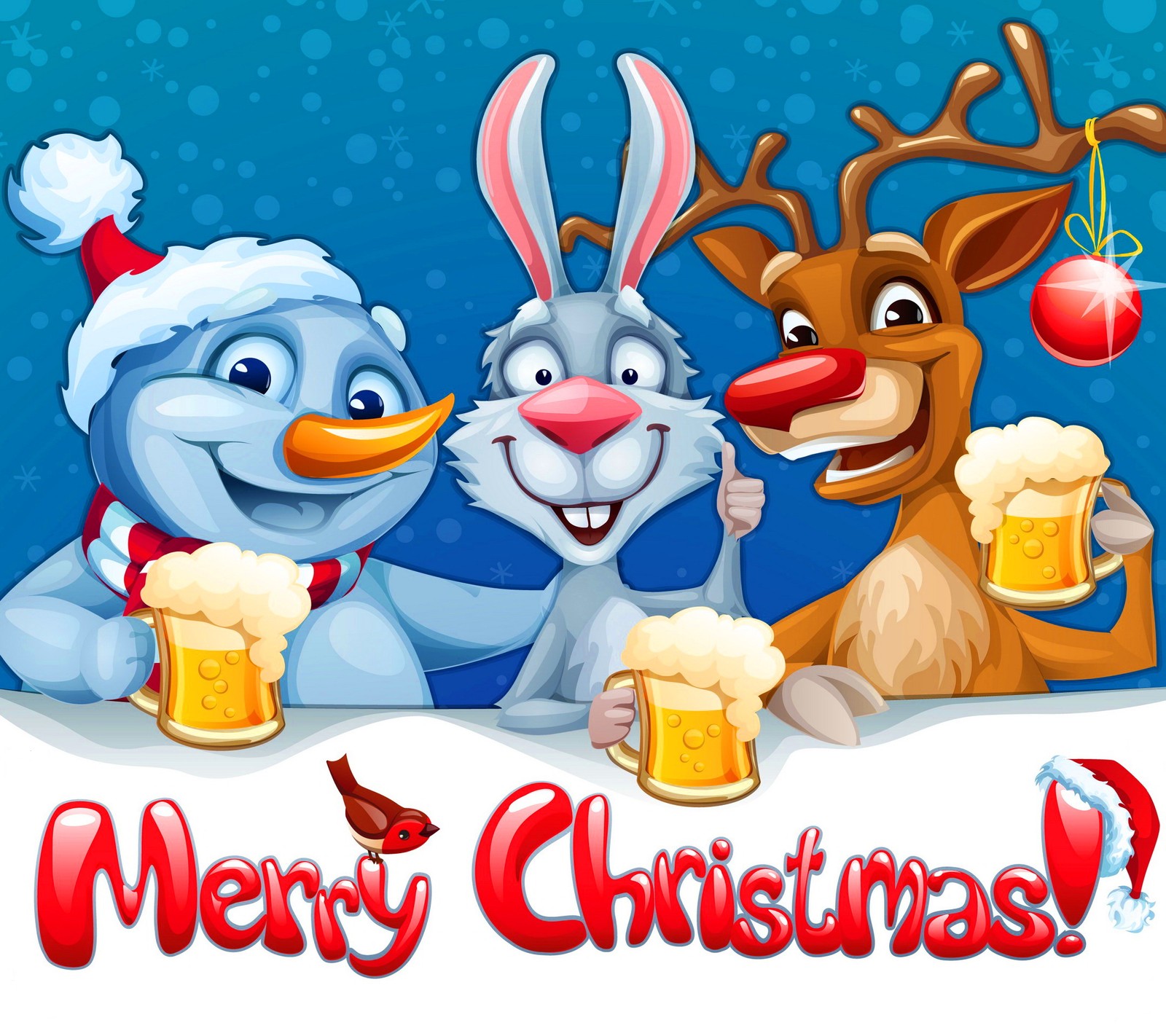 A cartoon christmas card with three rabbits and a reindeer holding beer (cartoon, christmas, december, holiday, merry)