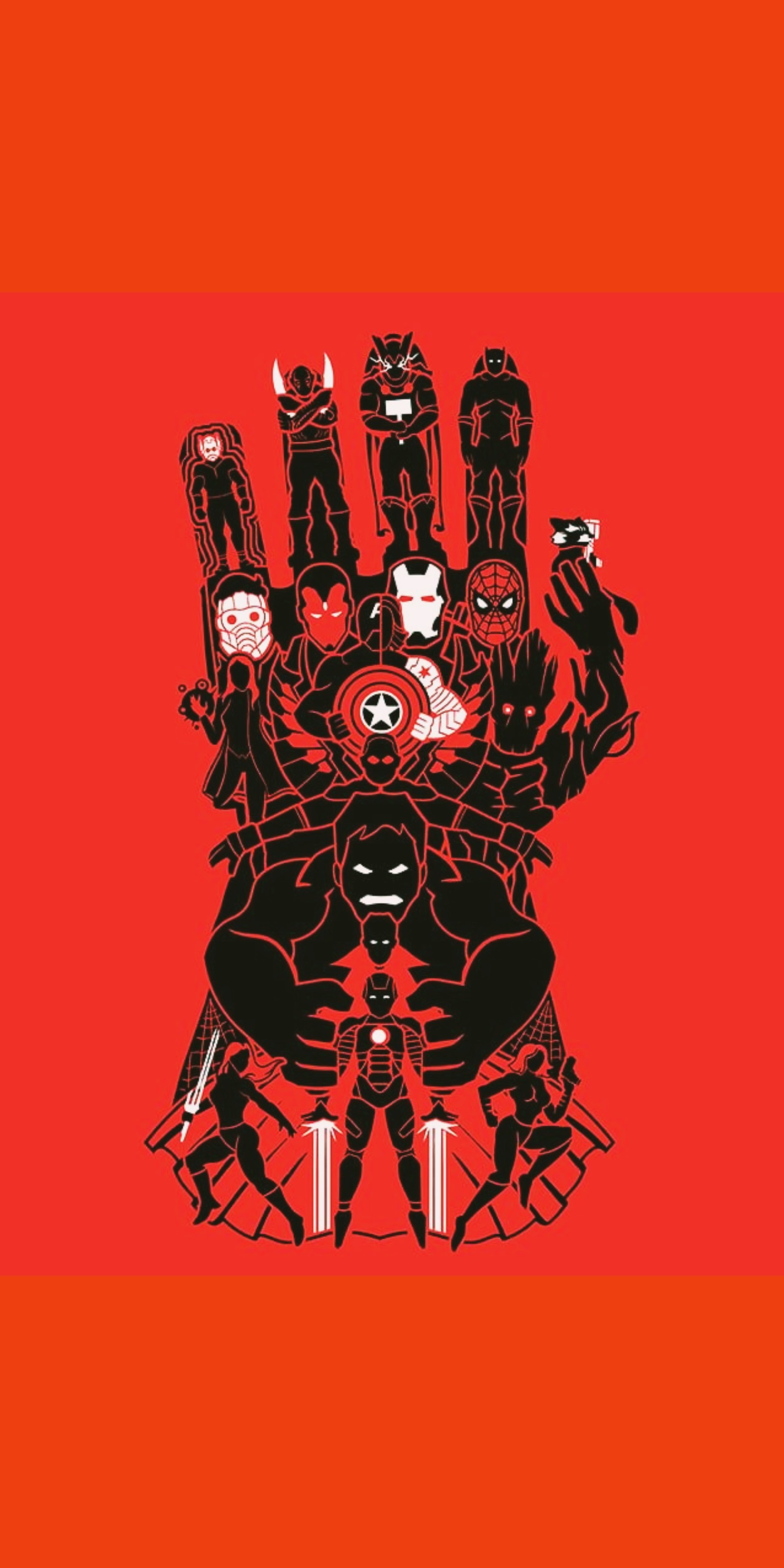 A red poster with a bunch of characters on it (avengers, avengers endgame, avengers infinity war, black widow, captain america)