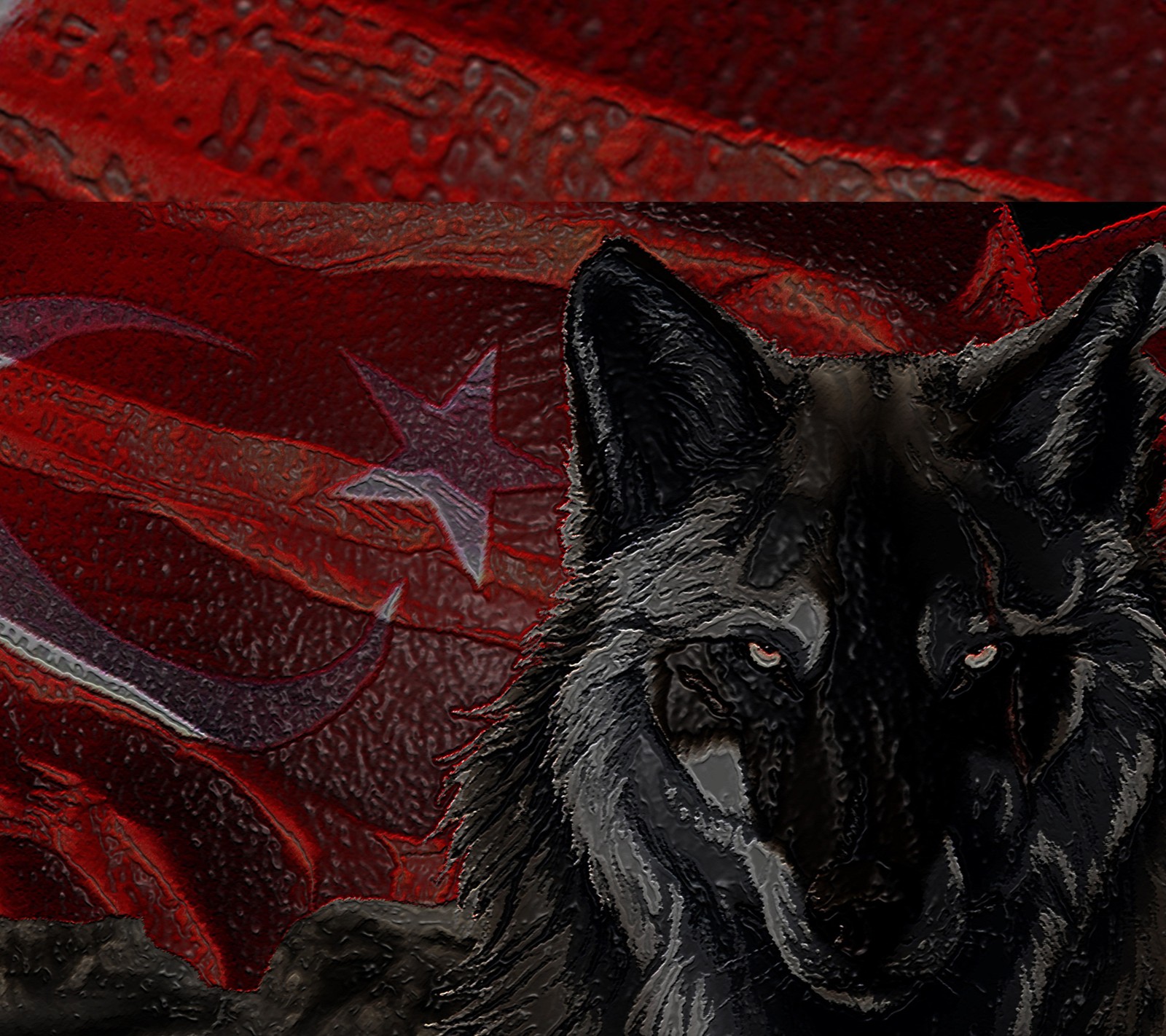 Pintura de um lobo com um fundo vermelho e um carro vermelho (bozkurt, ccc, gokturk, otomano, turco)