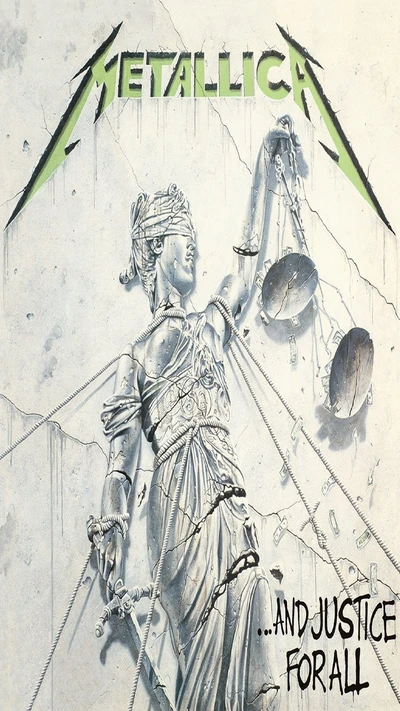 Das ikonische Albumcover von Metallica mit Lady Justice, das die Themen Gerechtigkeit und Balance in der Musik symbolisiert.