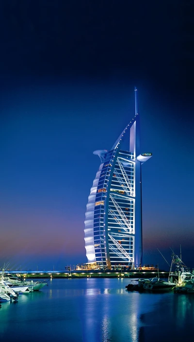 Paisagem urbana iluminada: Elegância noturna do Burj Al Arab