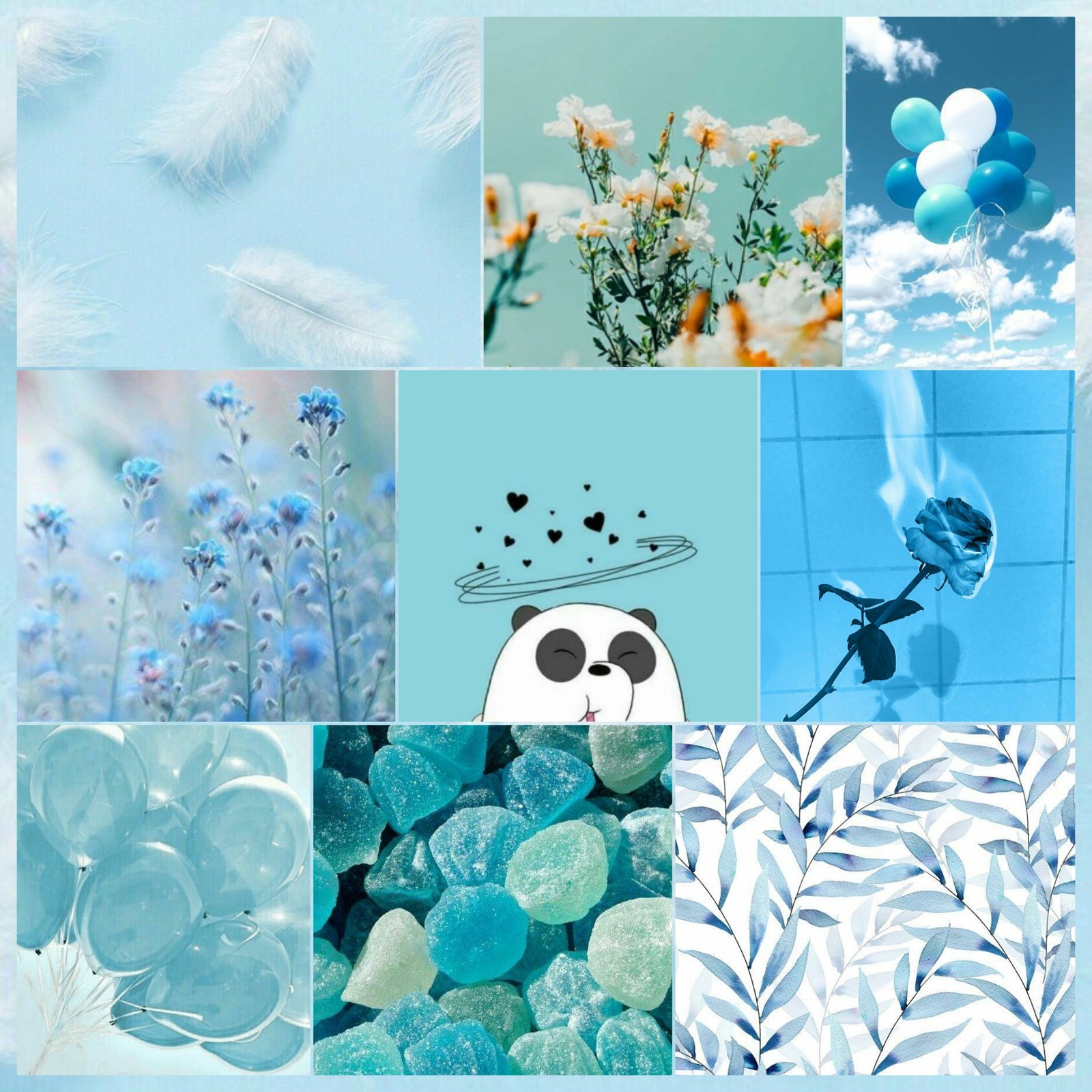 Um colagem de imagens azuis e brancas (estética, azul, branco, panda, tumblr)