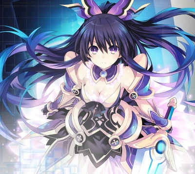 Tohka Yatogami aus "Date A Live" in einer dynamischen Pose, die ihr charakteristisches Outfit und ihre Waffe vor einem lebhaften, digitalen Hintergrund zeigt.