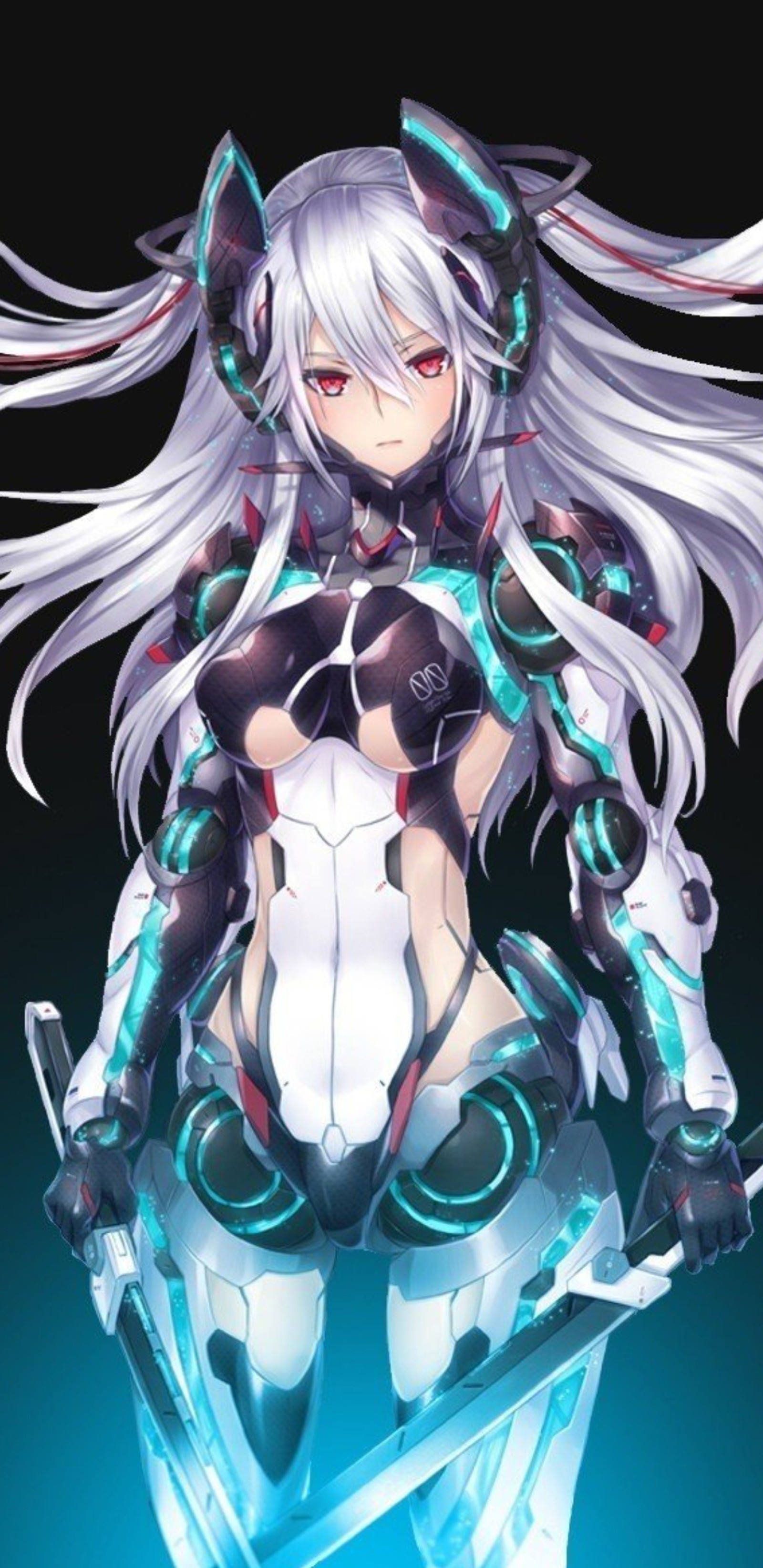 A woman with long white hair and a sword in her hands (4k, anime, black, blue, eyes)