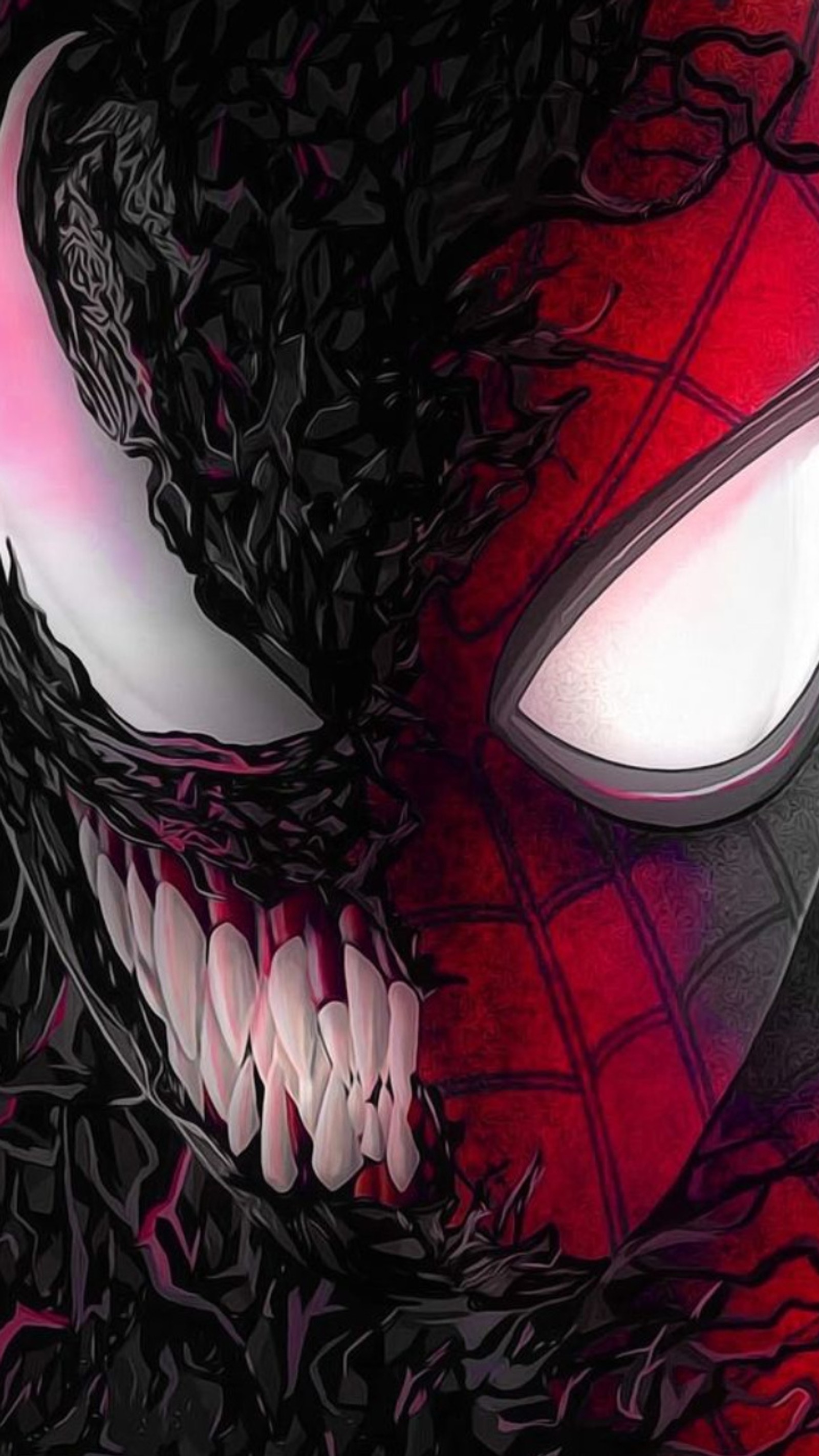 Spider-man avec des yeux brillants et des crocs dans un costume noir et rouge (marvel, spiderman)