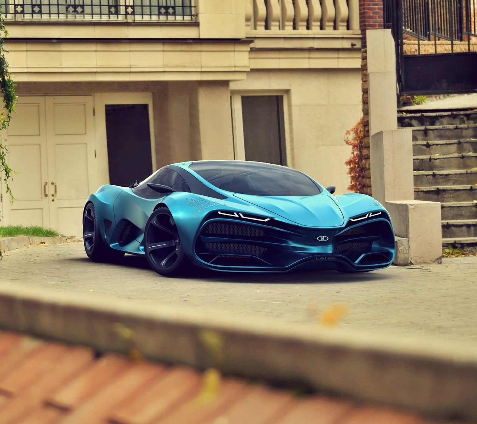 A close up of a blue sports car parked on a street (lada, speed, supercar, tuned)