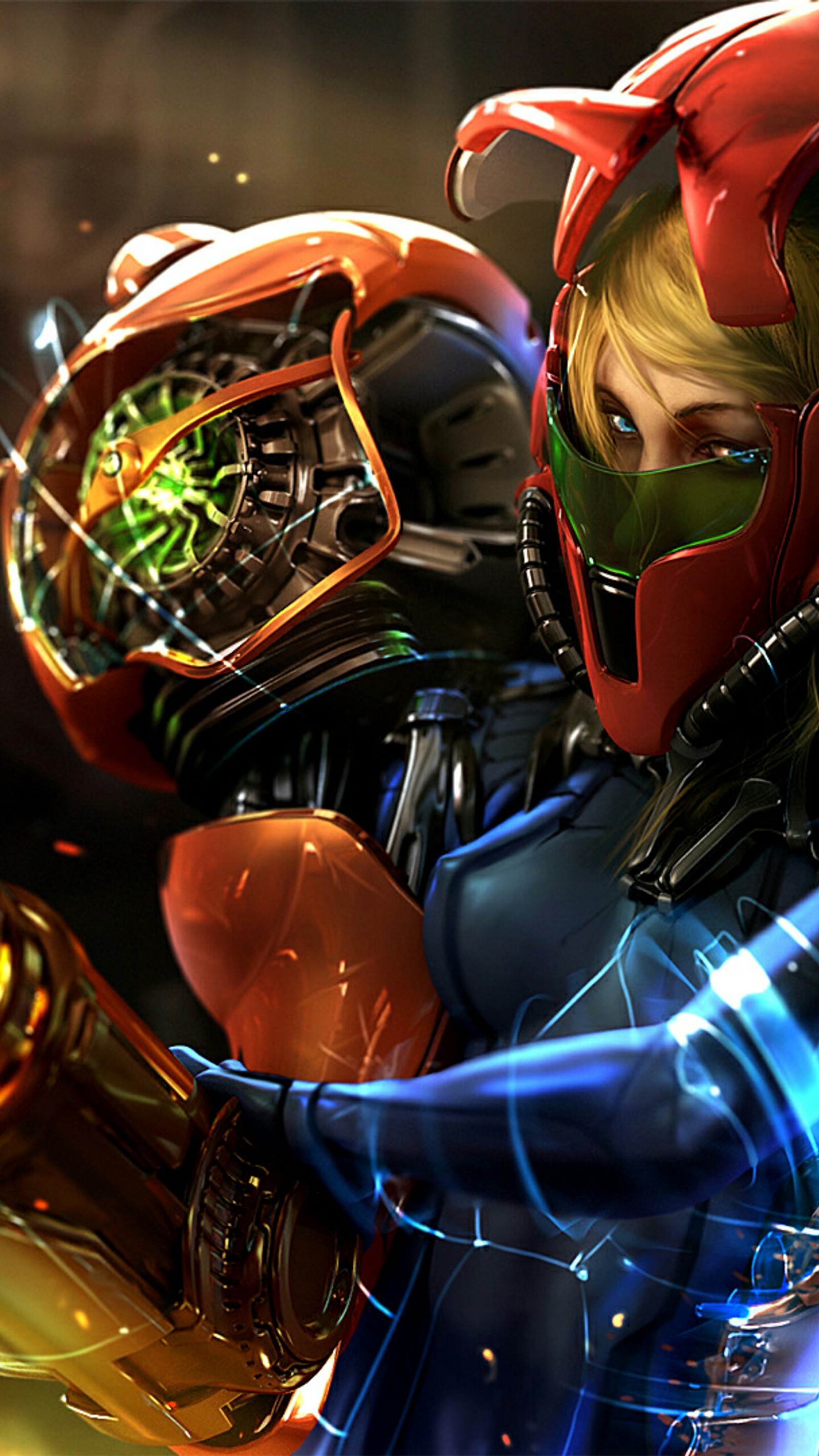 Image artistique d'une femme en casque tenant une arme (beam cannon, cannon, metroid, samus, samus aran)