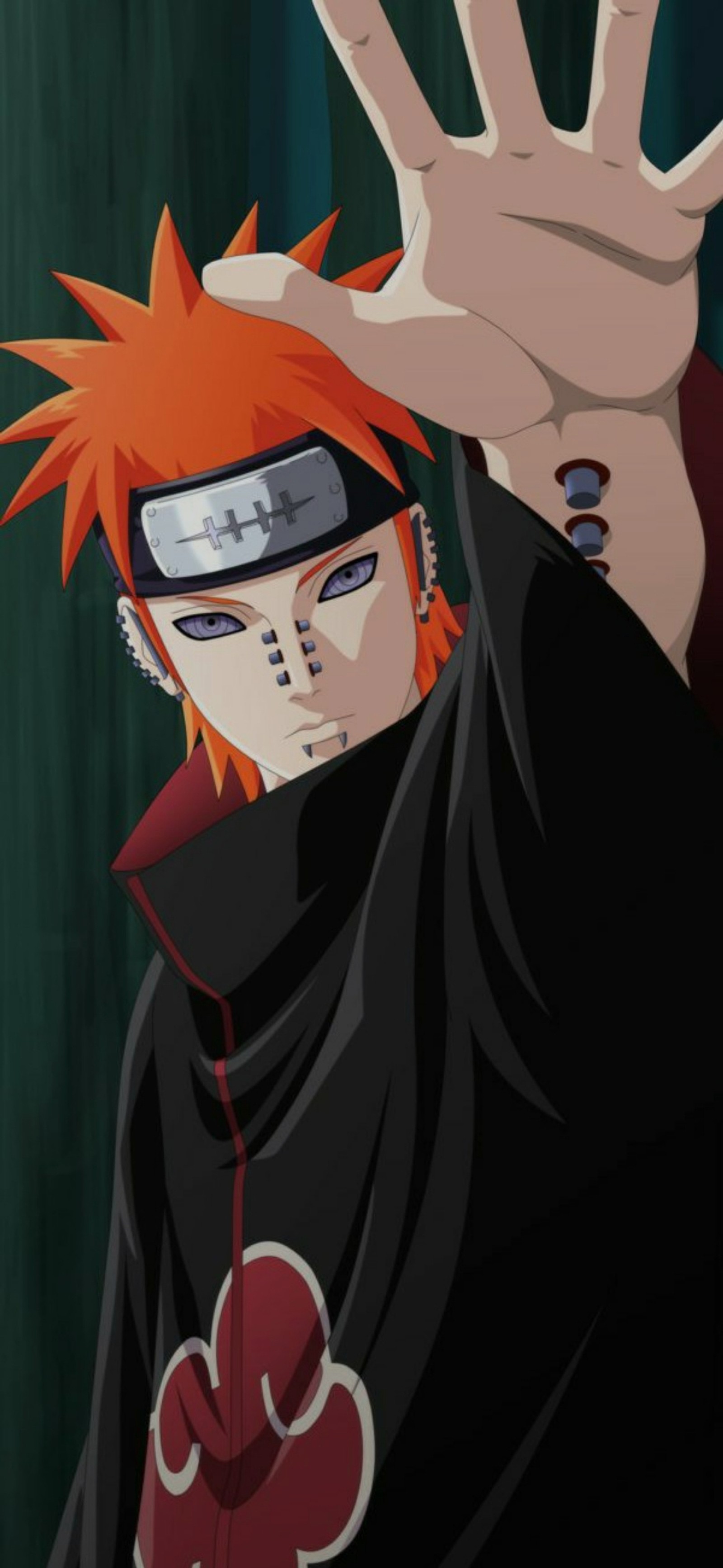 Un primer plano de una persona con una mano levantada en el aire (akatsuki, anime, naruto, dolor, yahiko)