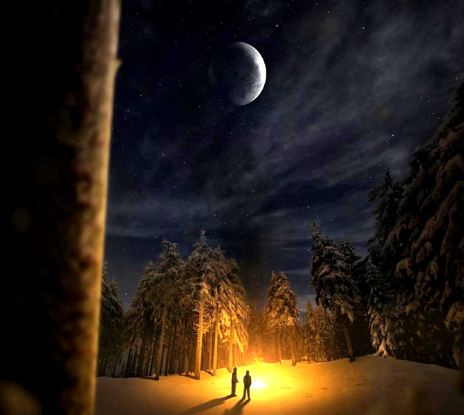 Night sky with a crescent and two people walking in the snow (night shift)