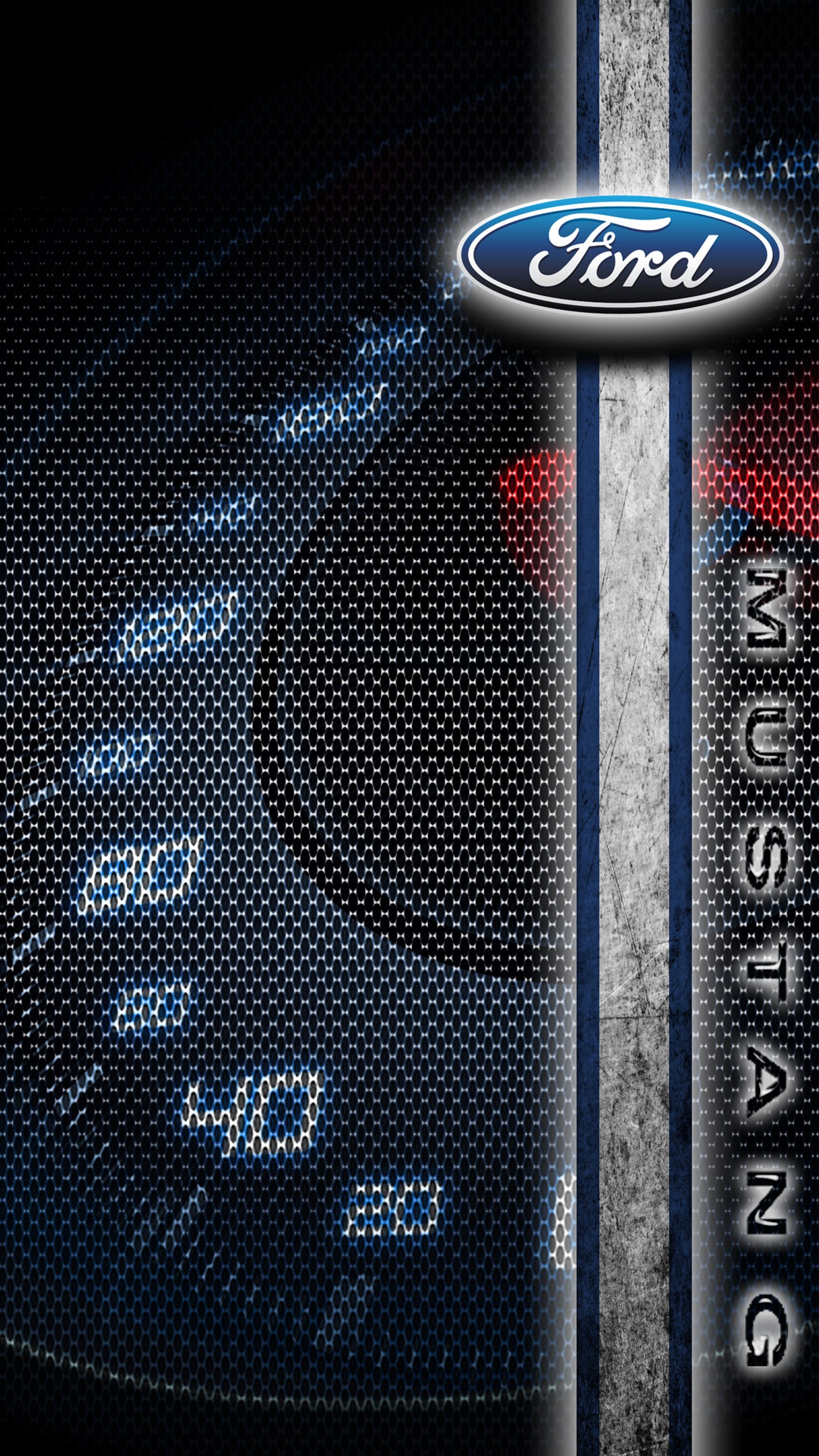 A close up of a ford logo on a metal mesh background (car, drag race, ford, race)