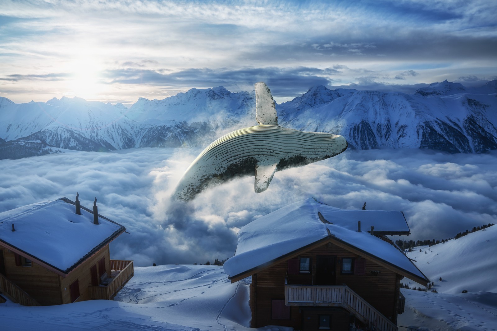 whale, mountain range, snow covered, wooden house, clouds wallpaper