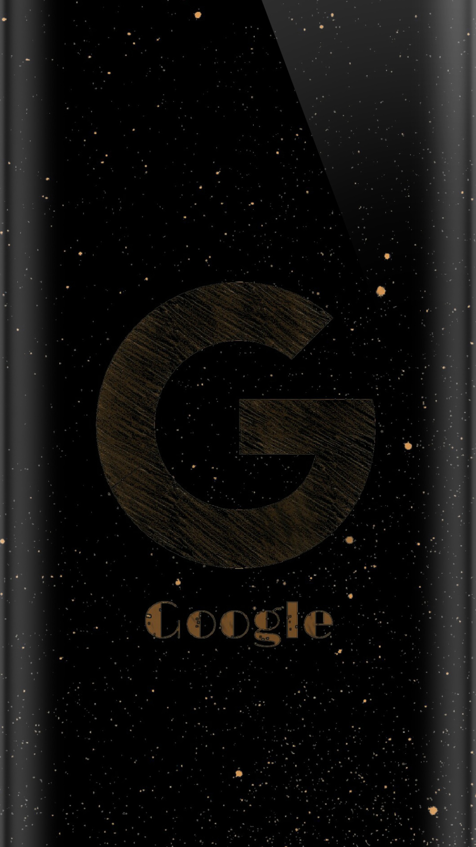 Um close em um celular com fundo preto e glitter dourado (preto, borda, google, laranja, estrelas)