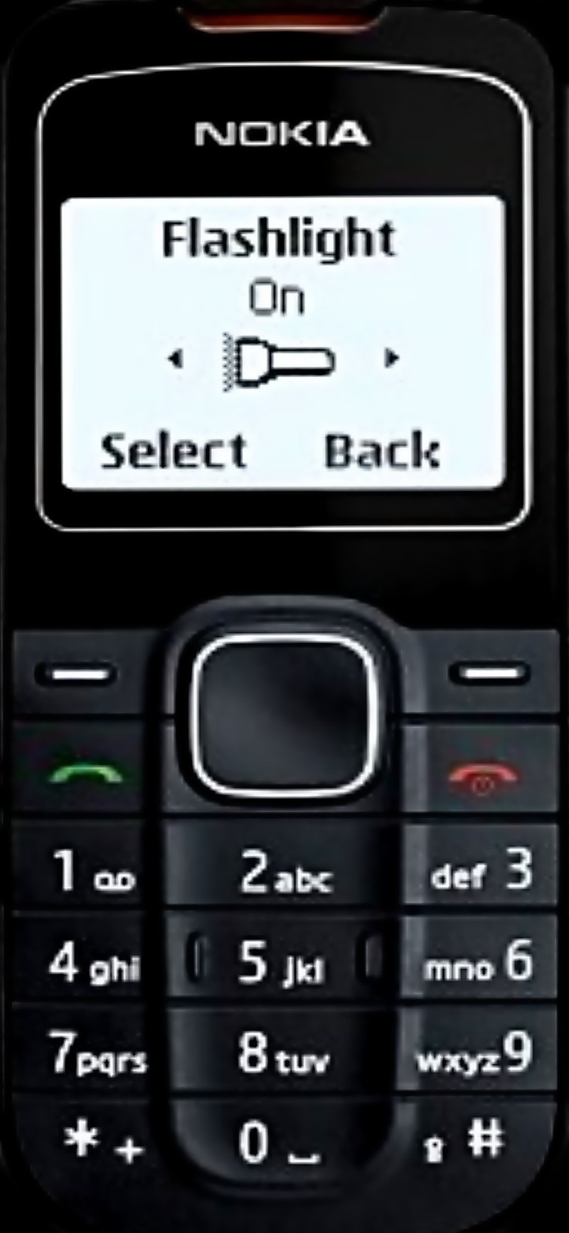 Мобильный телефон nokia с включенной вспышкой на экране и кнопкой выбора назад (галактика, мобильный, новый, nokia, старый)
