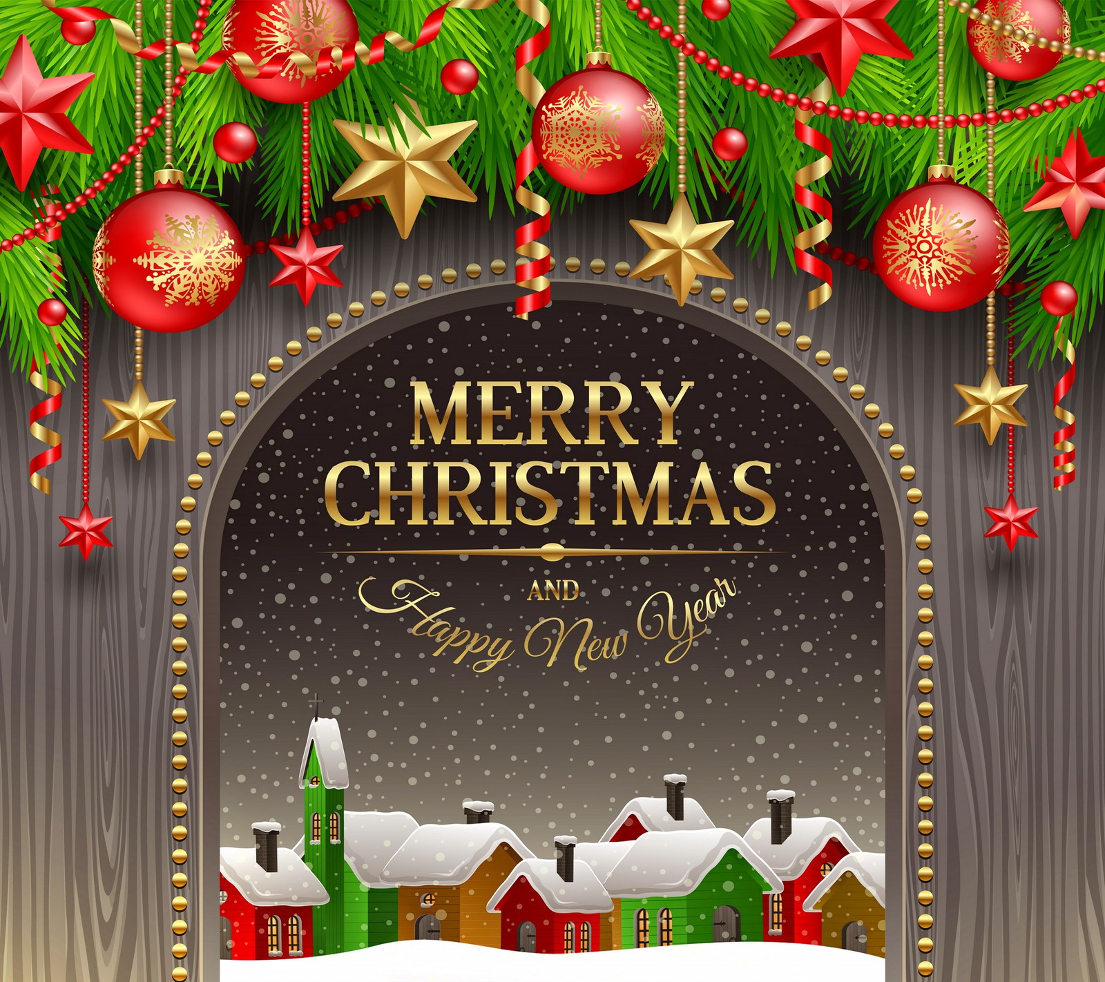 Christmas card with a wooden background and a christmas village (balls, christmas, decoration, happy, merry)