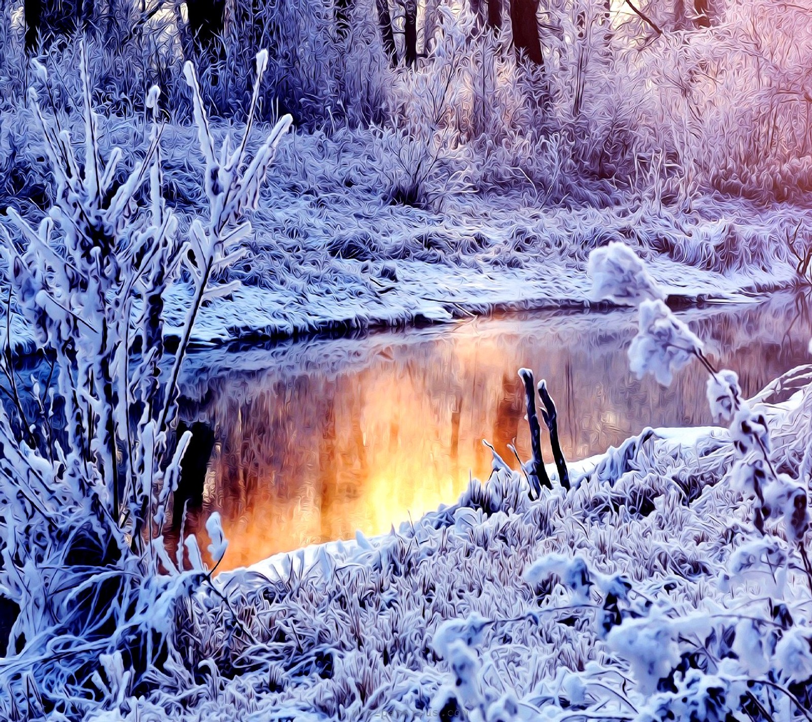 Snowy scene of a river with trees and bushes in the foreground (winter)