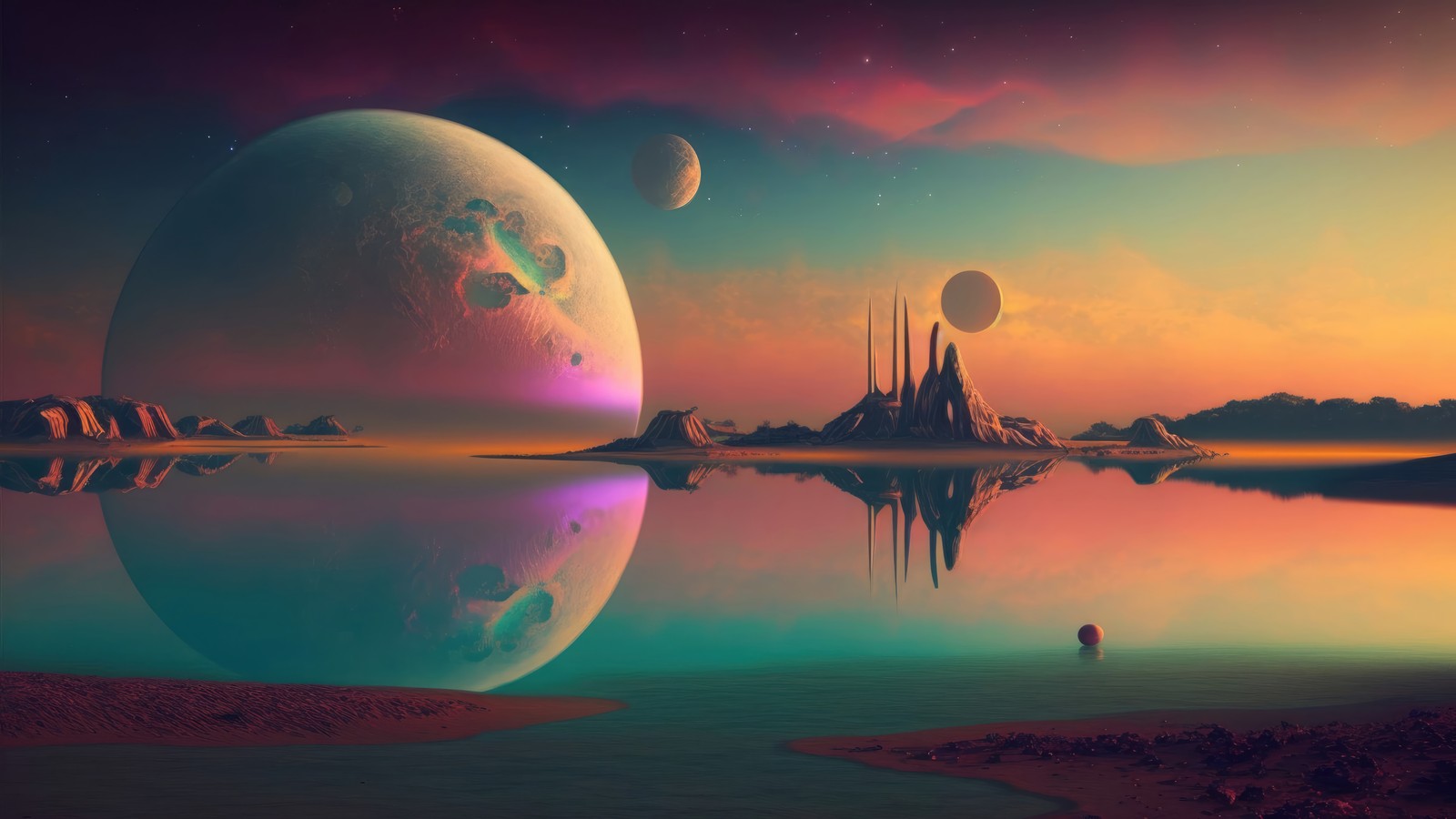 A man standing on a beach looking at a planet in the distance (planet, scenery, sci fi, digital art)