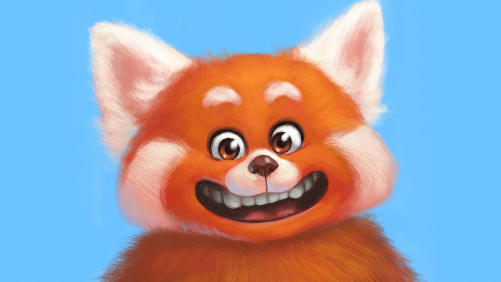 Una pintura de un panda rojo con una gran sonrisa en su rostro (turning red, pixar, animado, animación, película)