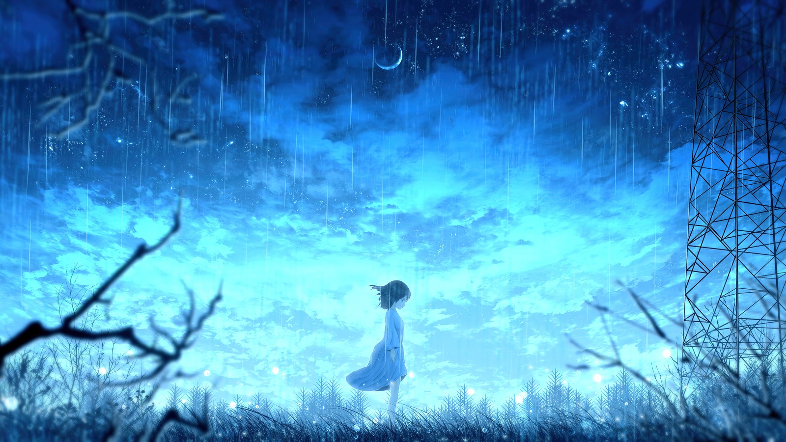 Une femme se tient sous la pluie sous un ciel bleu. (seul, anime, filles danime, pleuvoir, nuit)