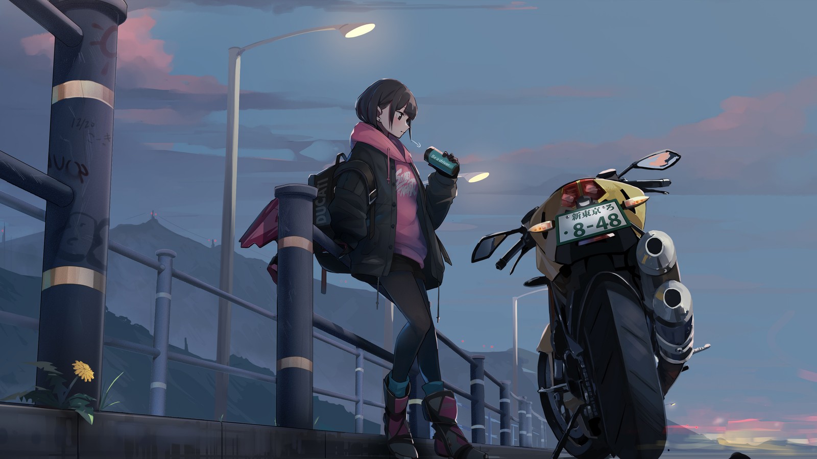 Chica anime de pie junto a una motocicleta en un puente (anime, chicas, motocicleta)