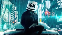 Marshmello in a rain-soaked cityscape, seated on a sleek car, exuding a DJ's electric energy.