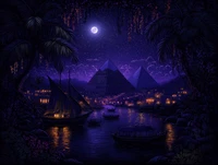 Paysage nocturne surréaliste des pyramides égyptiennes illuminées sous un ciel violet