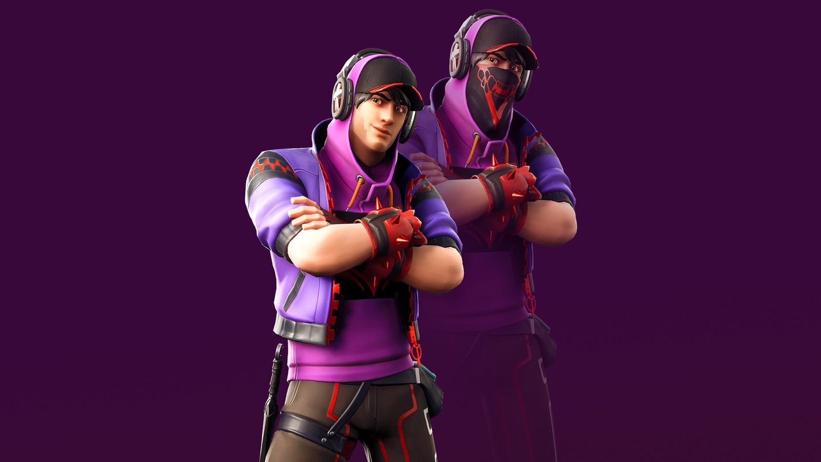 Two people in purple outfits standing next to each other (fortnite, fortnite battle royale, video game, asmodeus)