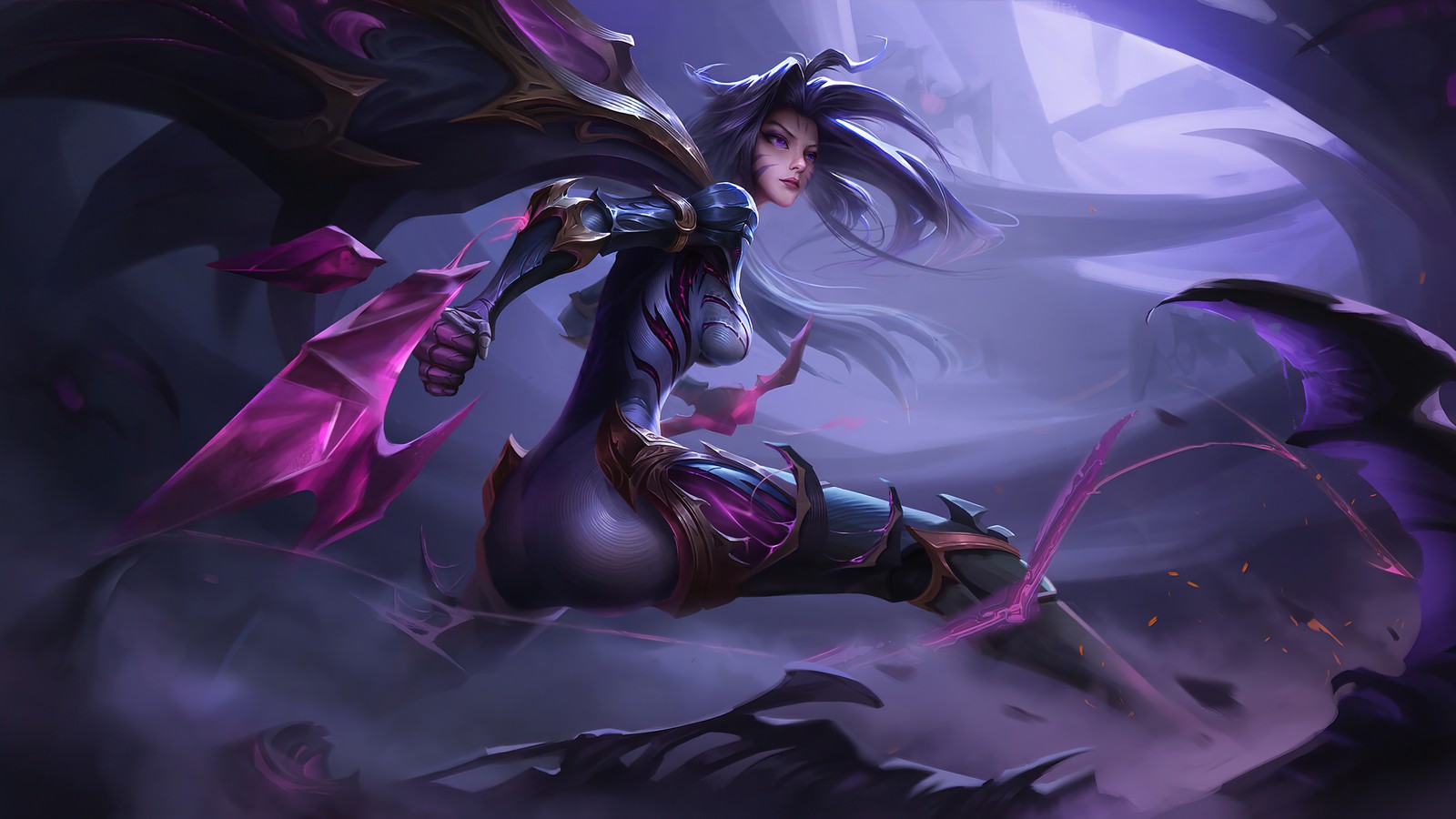 Une femme en tenue violette volant dans les airs (kaisa, league of legends, lol, jeu vidéo)