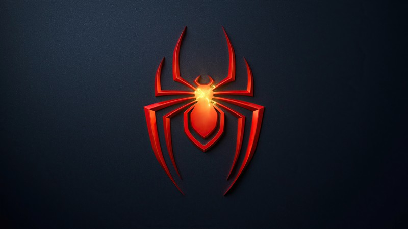 Логотип красного паука на черном фоне (человек паук майлз моралес, spider man miles morales, playstation 5, тёмный фон, игры 2020)