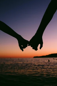 Silueta romántica de una pareja tomados de la mano al atardecer