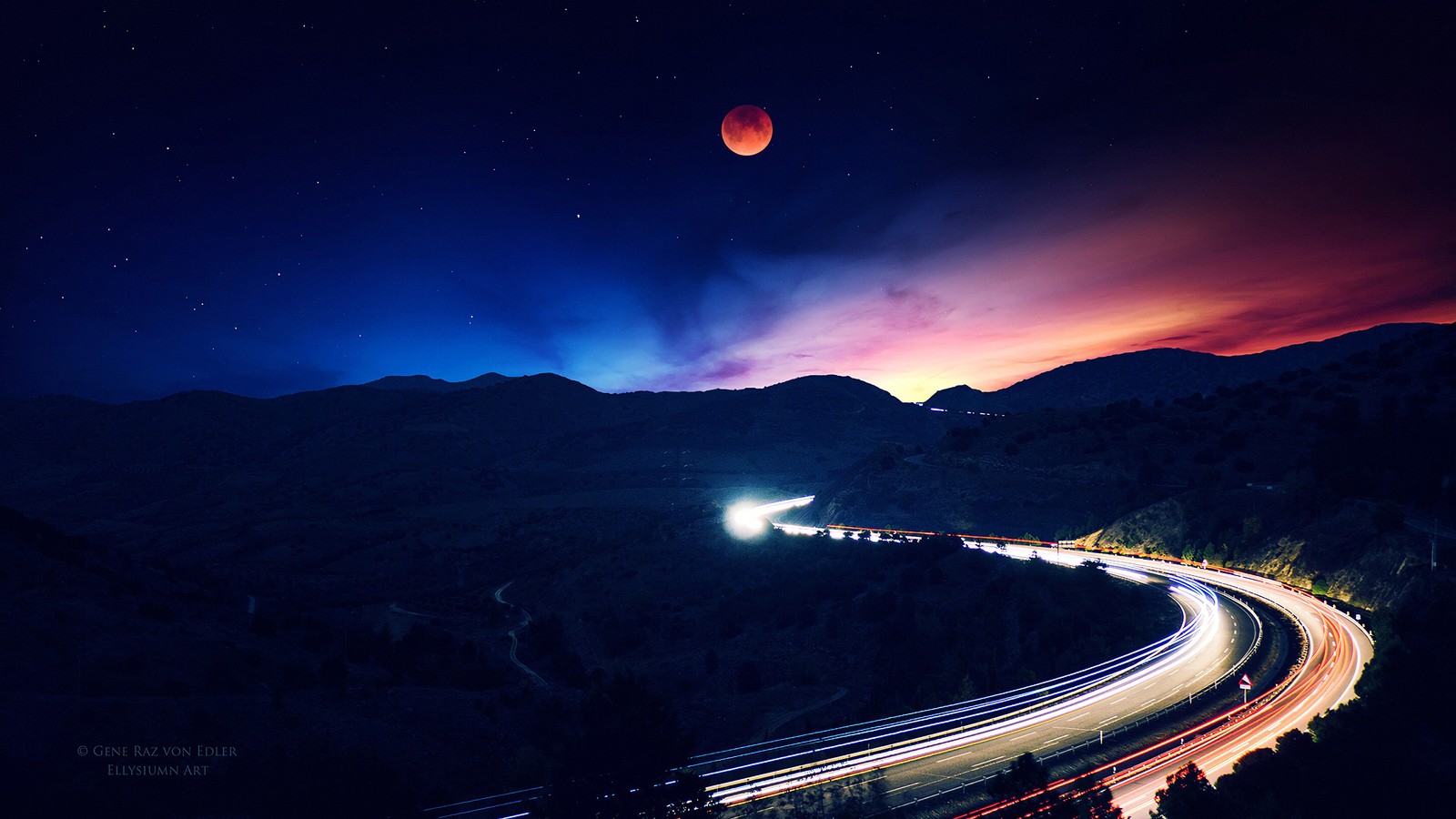 Uma vista de uma rodovia com uma lua cheia no céu (noite, céu, lua, estrada, time lapse)