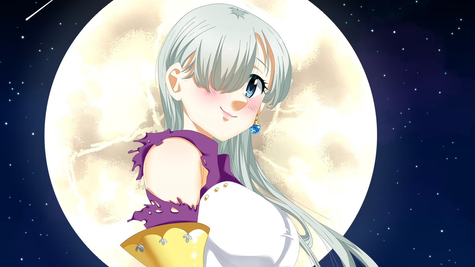 Fille anime avec de longs cheveux blancs et des yeux bleus se tenant devant une pleine lune (elizabeth liones, nanatsu no taizai, les sept péchés capitaux, the seven deadly sins, anime)