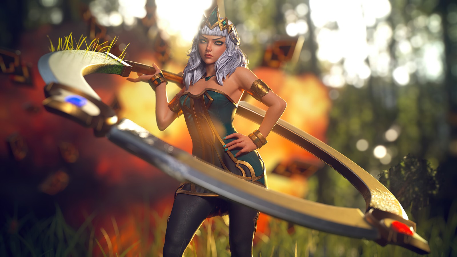 A close up of a woman holding a sword in a field (qiyana, league of legends, lol, video game)