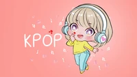 Fille chibi en orange pastel, portant des écouteurs, faisant un cœur avec les doigts, entourée de notes de musique et du texte "KPOP".