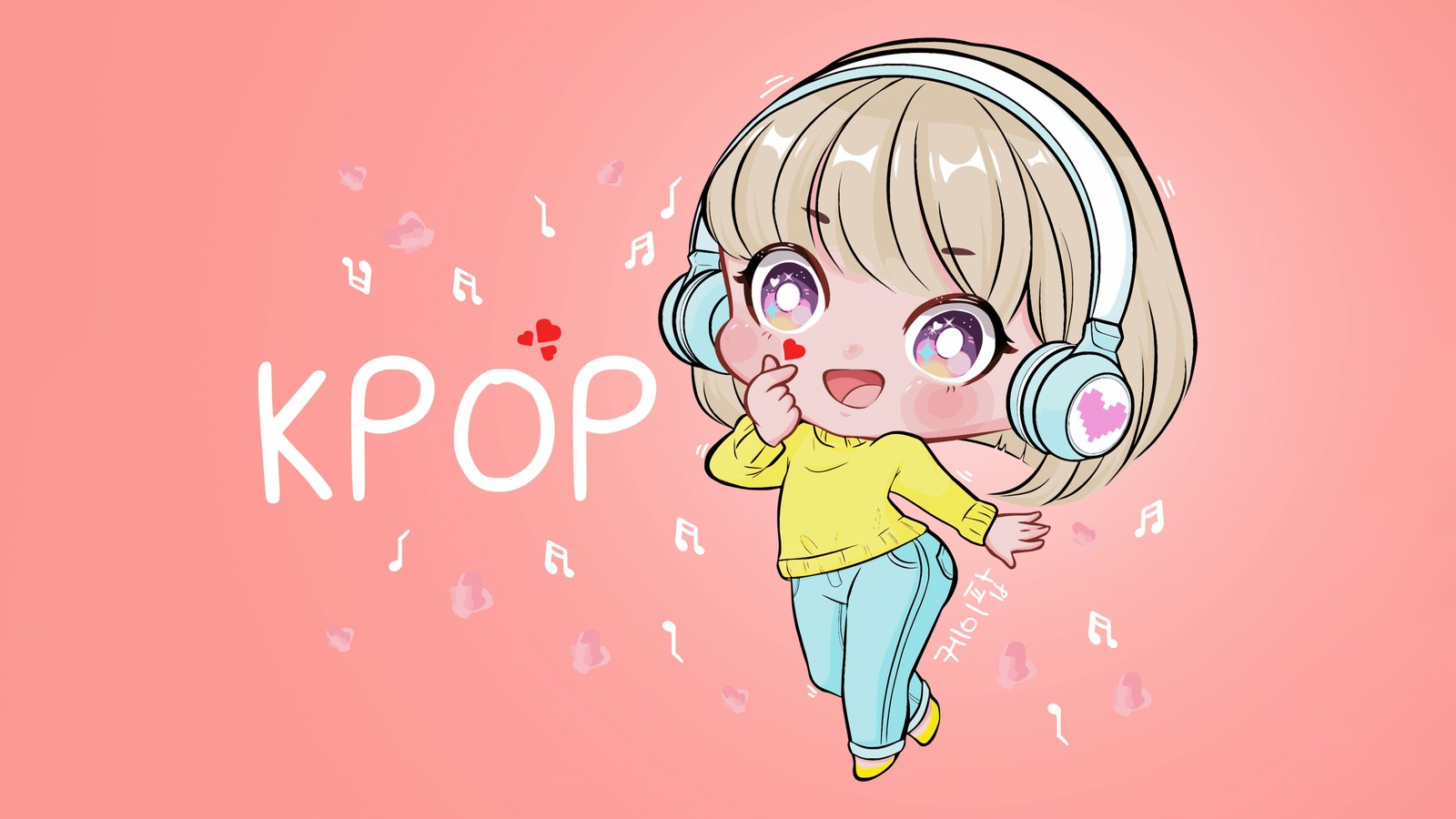 Une fille de dessin animé avec des écouteurs et le mot kpop (k pop, chibi, cœur avec les doigts, fille mignonne, écouter de la musique)