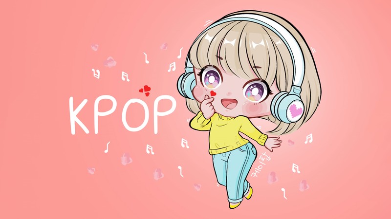 Мультяшная девушка в наушниках и слово kpop (k pop, чиби, chibi, палец сердце, милая девушка)