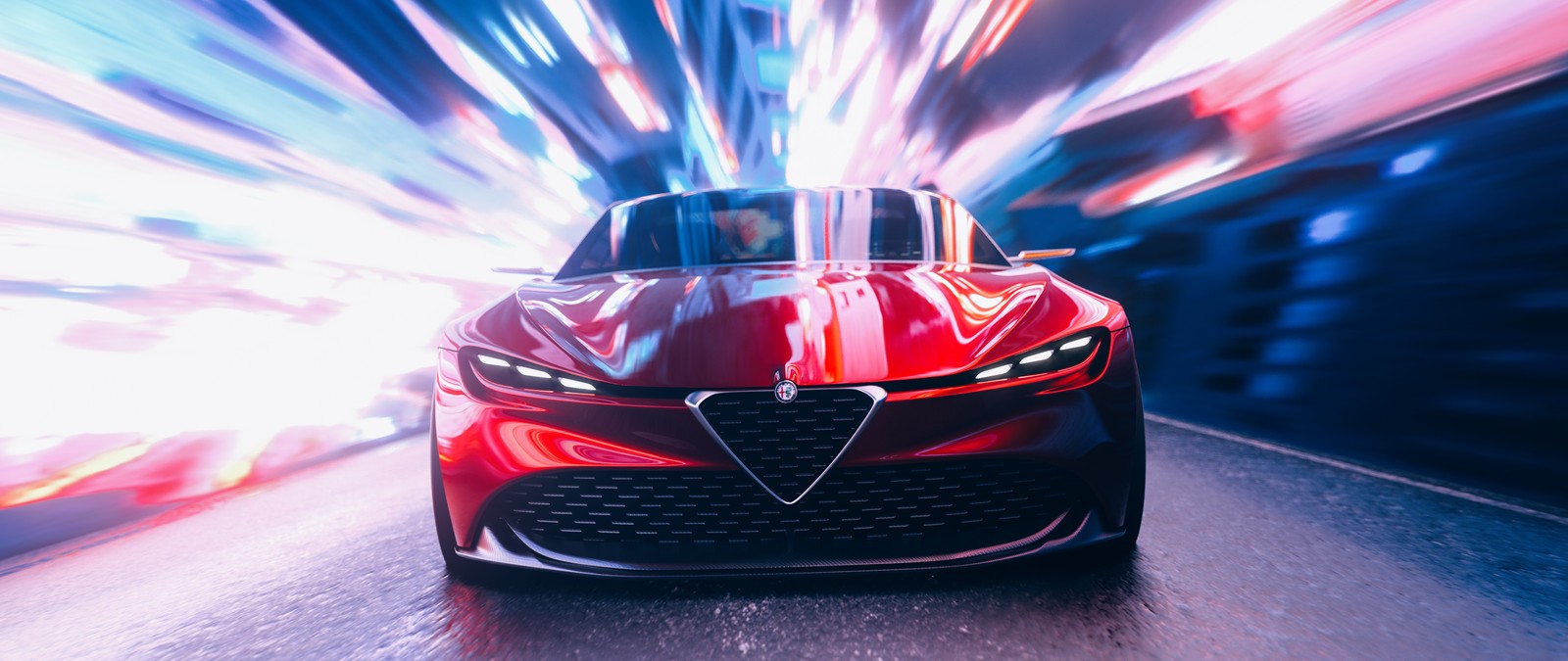 Une voiture alfa rouge roulant dans une rue de la ville la nuit (alfa romeo zagato, voitures conceptuelles, cgi, voitures, fond décran 4k)