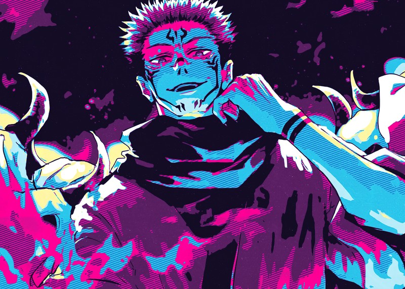 Близкий план человека на розовом и синем фоне (сукуна, sukuna, иллюстрация, jujutsu kaisen, аниме)