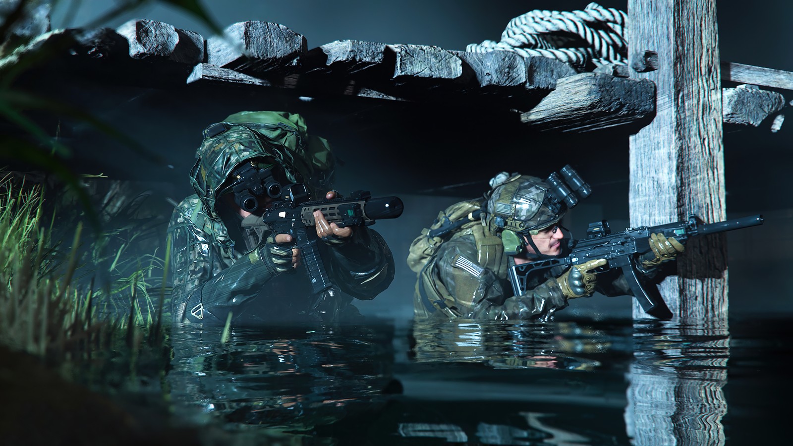 Two soldiers in camouflage are in the water with rifles (call of duty modern warfare 2, video game, cod modern warfare ii, call of duty, soldier)