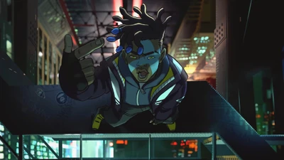 Ekko from True Damage in a dynamic urban setting, showcasing a confident pose with a vibrant city backdrop.